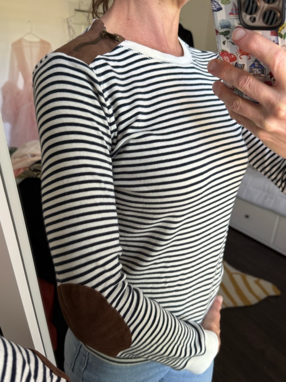 Lauren Ralph Lauren Striped Nautical Zip Shoulder Elbow Patch Top S/P - Picture 2 of 9